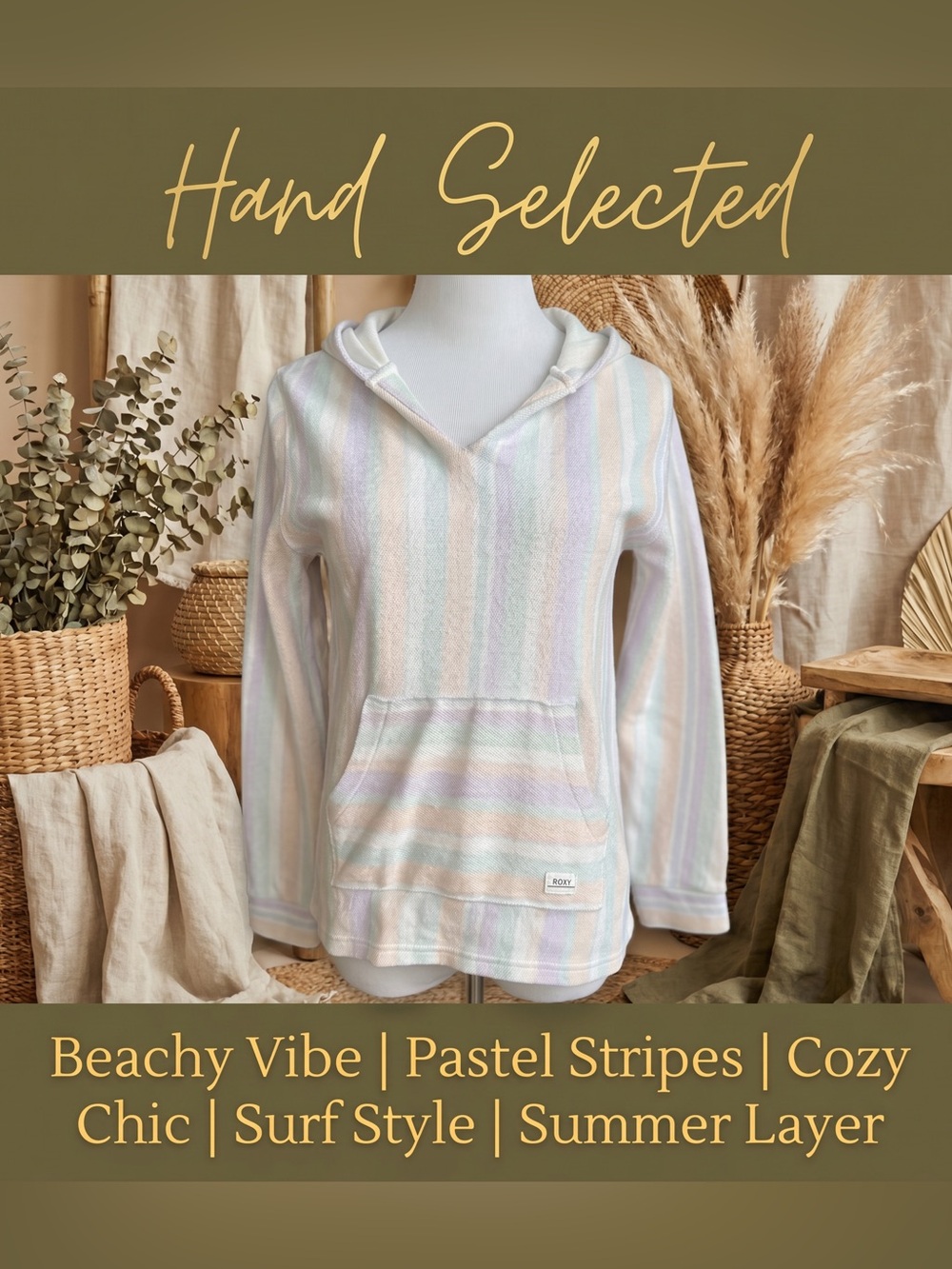 Roxy Pastel Rainbow Stripe Baja Hoodie • Coastal Boho Surf Pull KIDS XK WOMEN SM